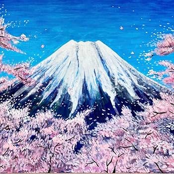 Amazon.co.jp: 花の絵 風景画 桜 富士山 アクリル画 原画 桜吹雪